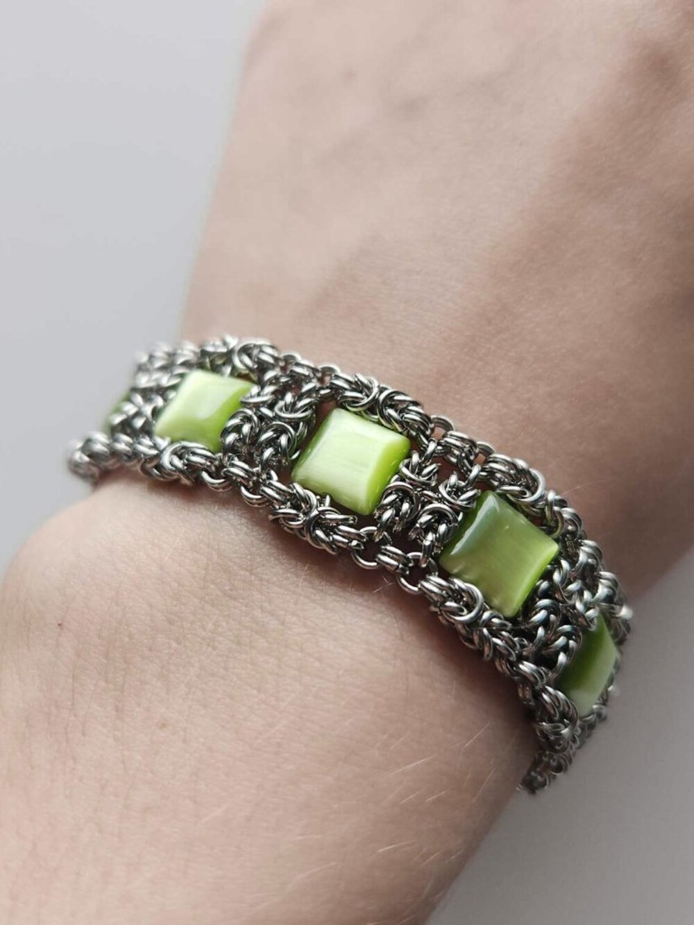 Medieval handmade green and silver chainmail tennis bracelet